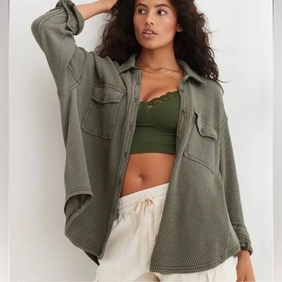 Aerie Lumberjane Waffle Shirt Small Olive Green Oversized Button Front Layer - Picture 8 of 9